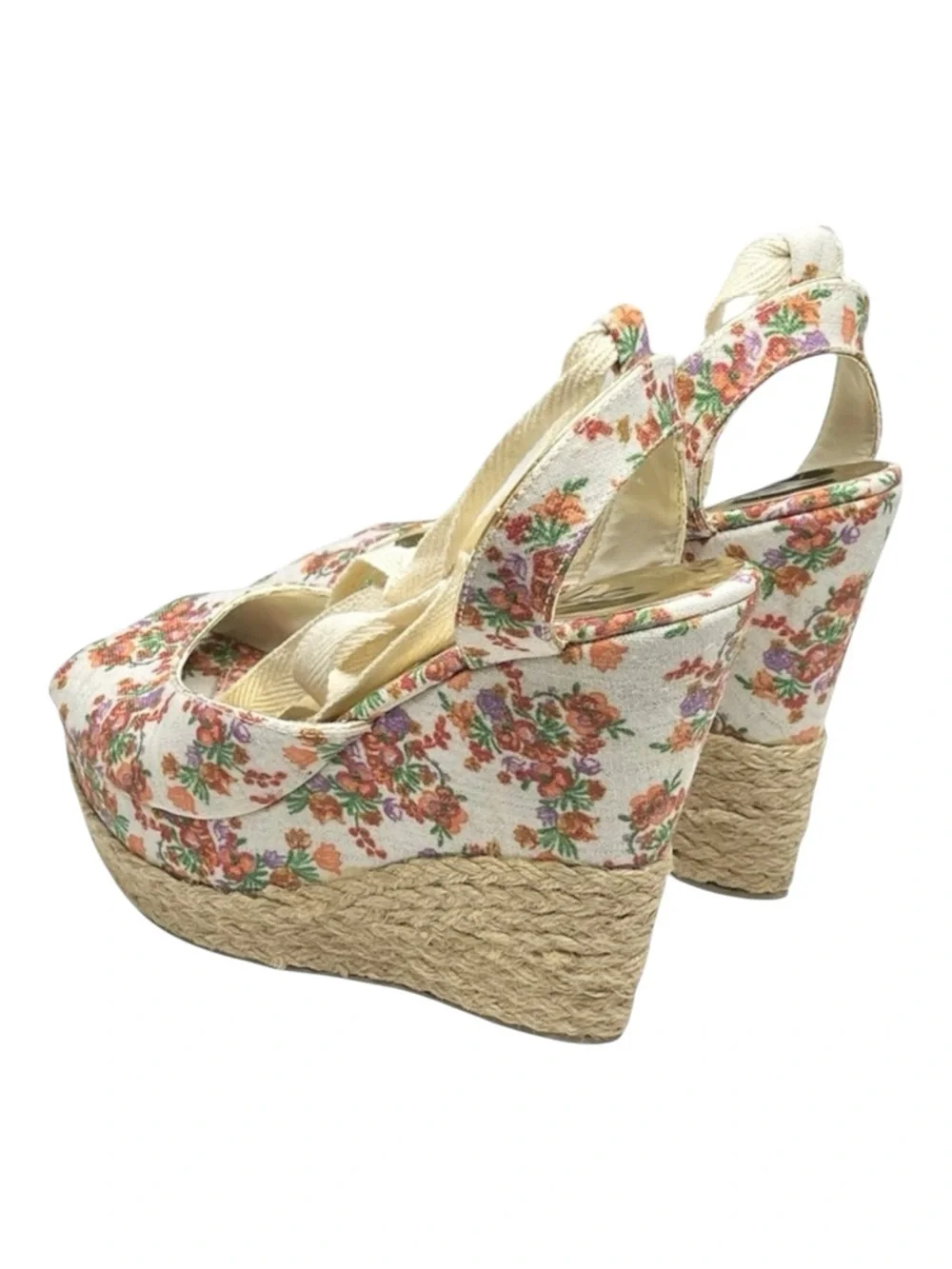 new Sergio Zelcer ❀ Platform Ankle Wrap Floral Print Sandal Espadrilles ❀ Cream